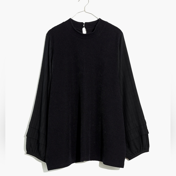 Madewell Weavemix Mockneck Bubble-Sleeve Ribbed Top Small Black - Picture 13 of 14